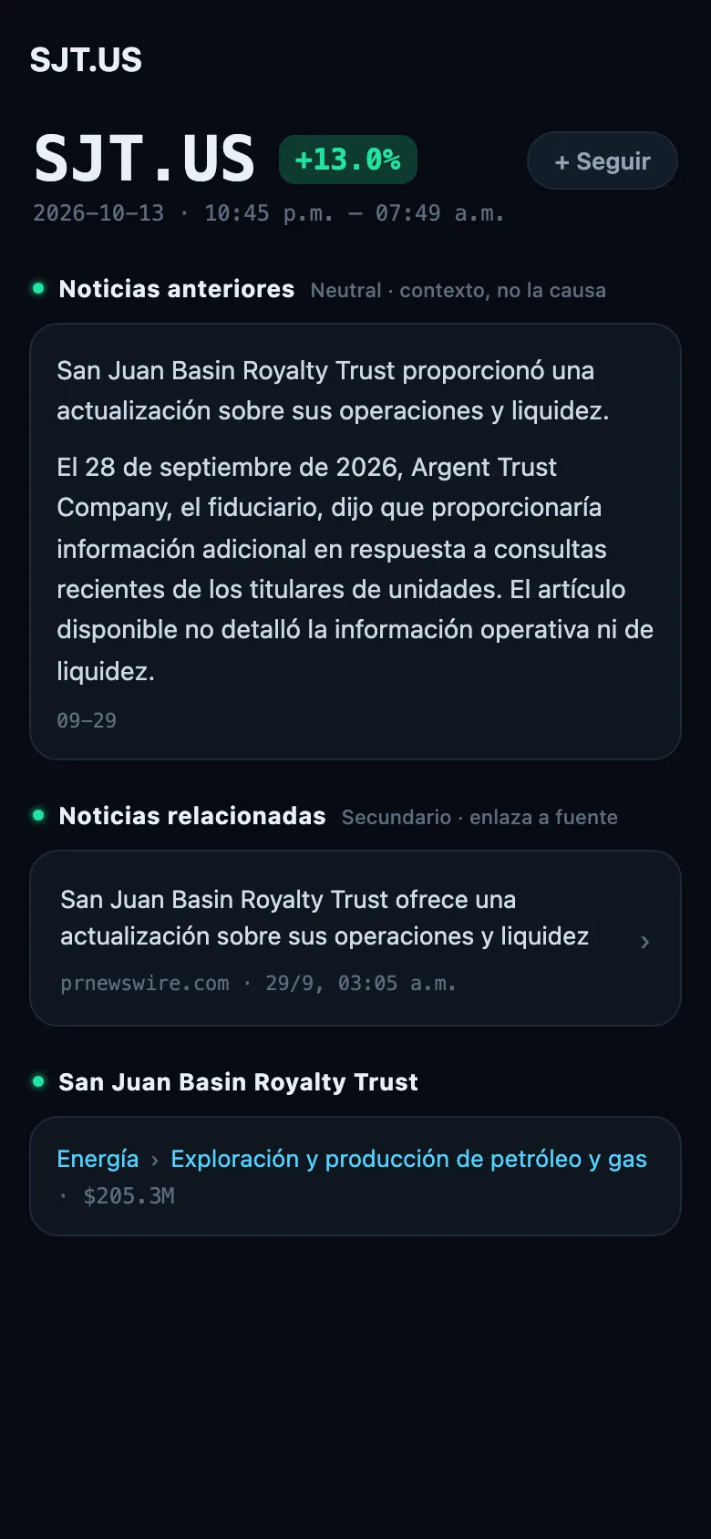 Detalle del movimiento capturado el 14 de octubre de 2026 (vista Pro): noticias anteriores mostradas como contexto, no como la causa.