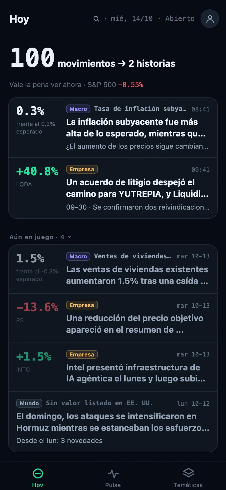 Pantalla Hoy capturada el 14 de octubre de 2026 (vista Pro): las historias de la sesión, cada una con su evidencia.