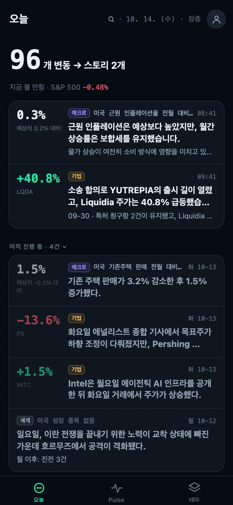 2026년 10월 14일에 캡처한 오늘 화면(Pro 기준): 이번 세션의 스토리와 각 스토리의 근거.