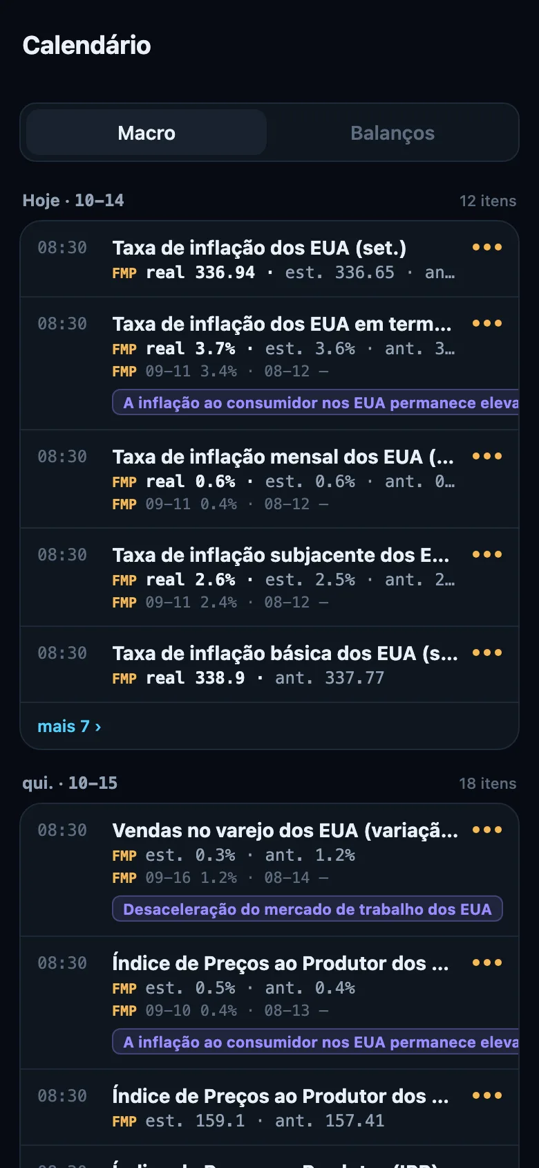 Tela Calendário capturada em 14 de outubro de 2026 (visão Pro): as divulgações econômicas da semana, com estimativas, valores anteriores e importância.