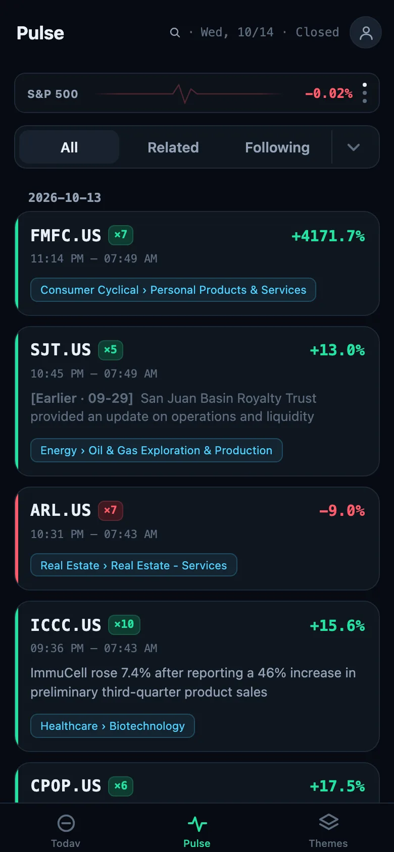Pulse screen captured October 14, 2026 (Pro view): the feed of detected moves with their sectors.